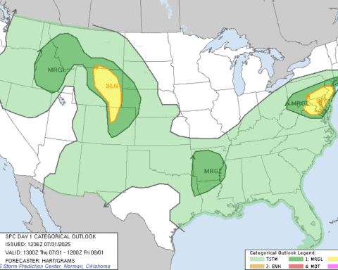 Map of the contiguous United States showing a yellow “SLGT” (Slight) risk area over the Mid-Atlantic, including Philadelphia, from the SPC Day 1 Convective Outlook.